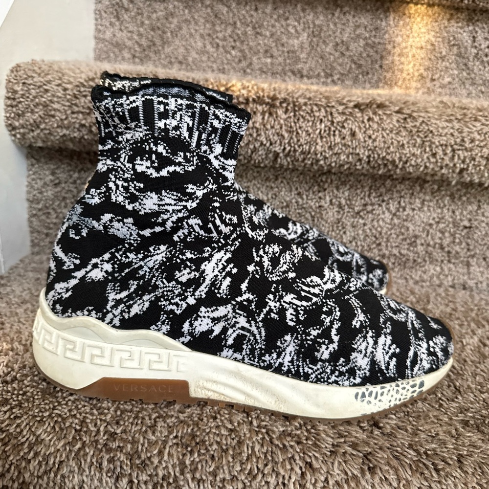 Versace Men’s Black and White Patterned Knit Sock Sneakers - Picture 1 of 12